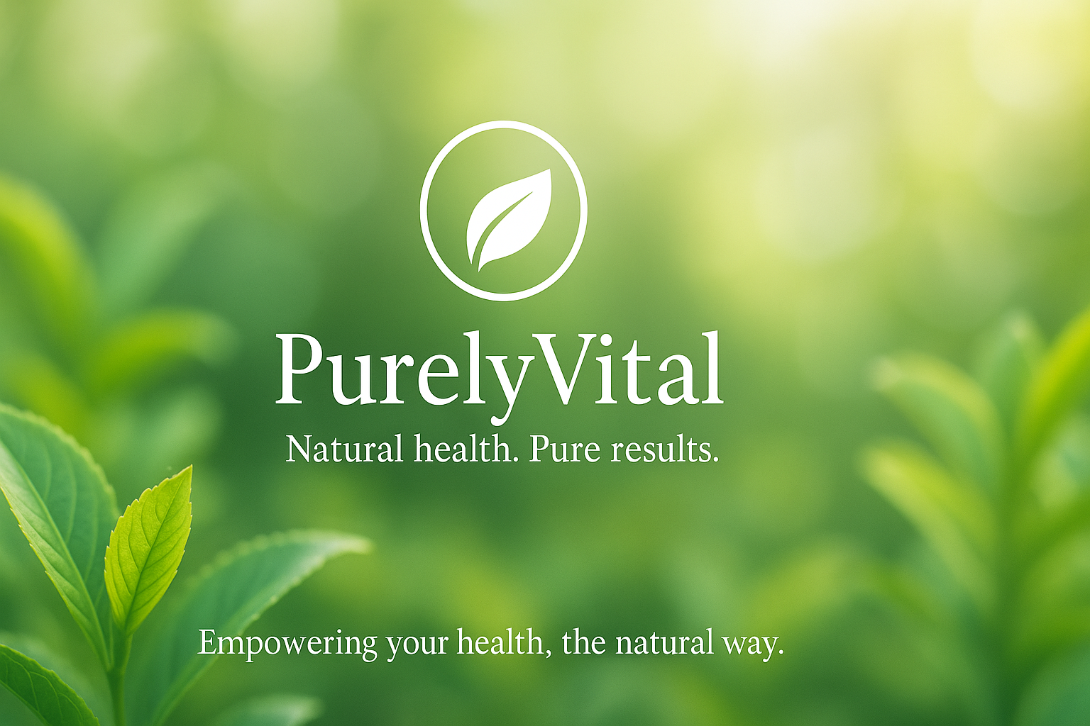 PurelyVital, une feuille blanche dans un cercle, accompagnée des slogans “Natural health. Pure results.” et “Empowering your health, the natural way.” sur un fond lumineux de plantes floues.