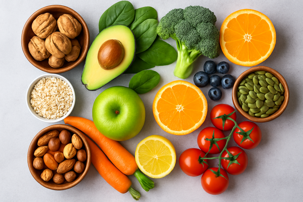 Flat lay of healthy fruits, vegetables, grains, and nuts including avocado, broccoli, orange, apple, carrots, blueberries, tomatoes, oats, and seeds on a light background.