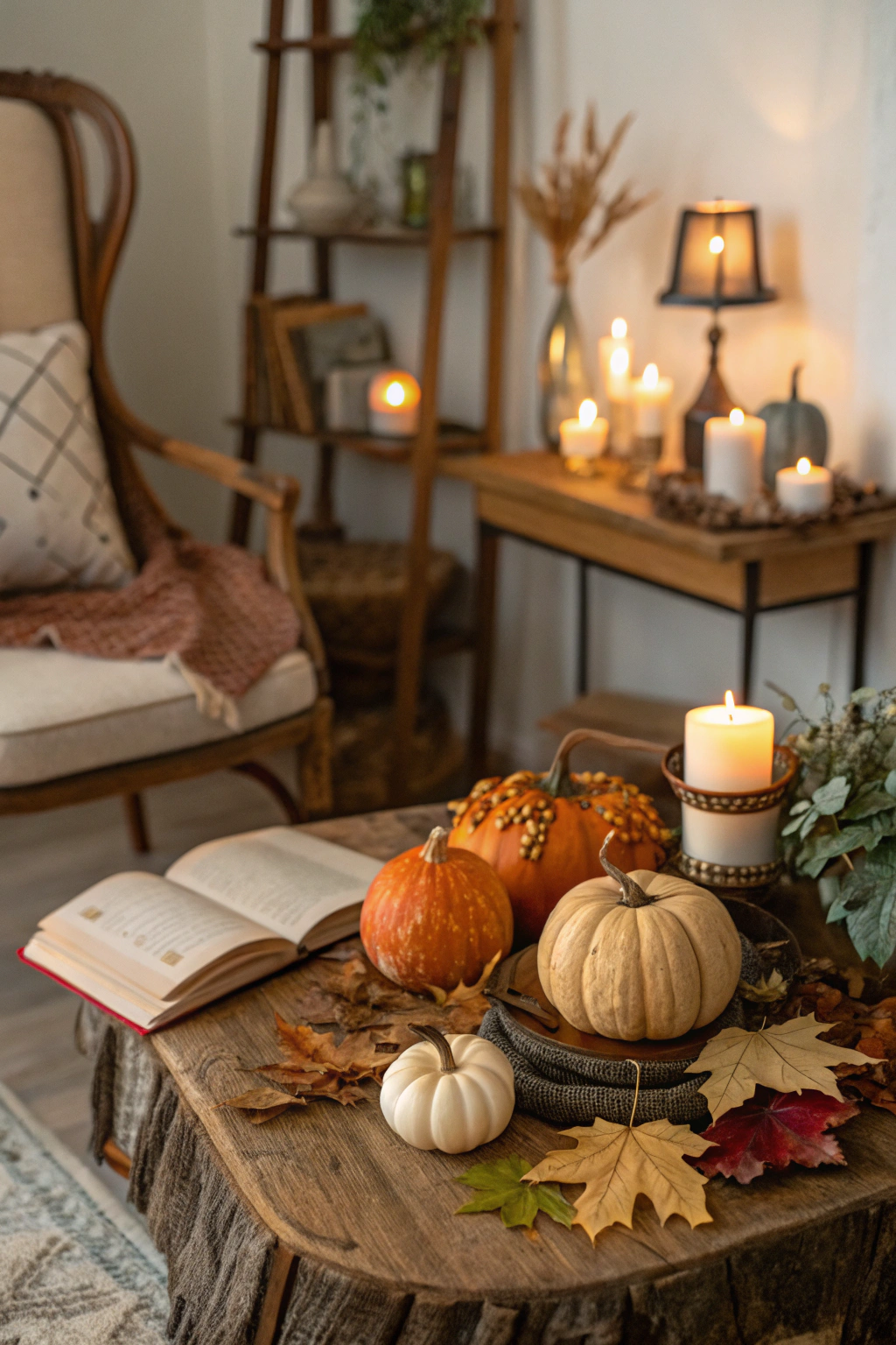 Assortment of autumn decor materials: pumpkins, gourds, dried flowers, lanterns, burlap, pinecones.