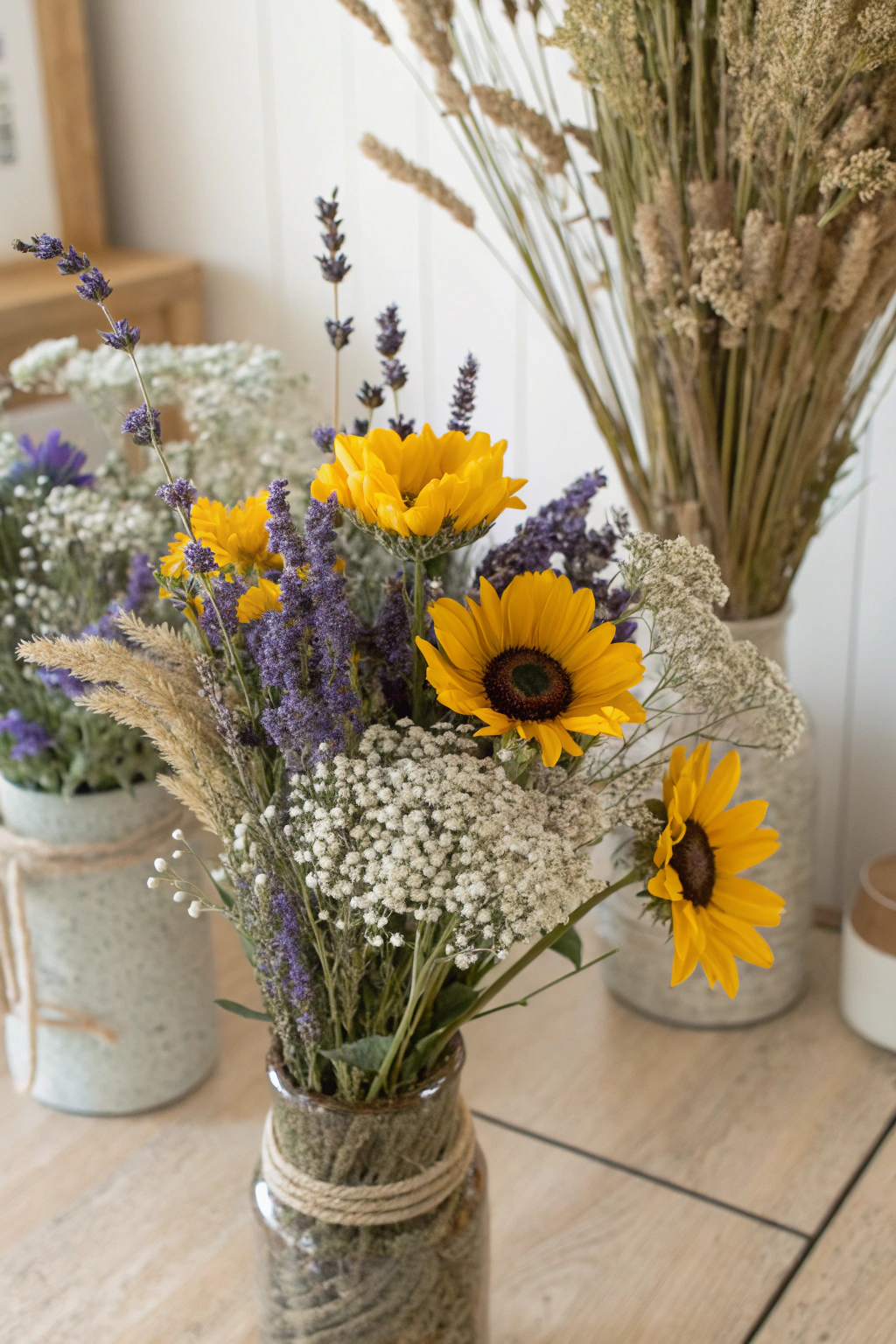 A vibrant collection of dried garden botanicals, including lavender, hydrangeas, eucalyptus, and wheat, alongside various tools like sharp floral shears, florist wire, twine, and a rustic ceramic vase, ready for DIY dried flower arrangements.