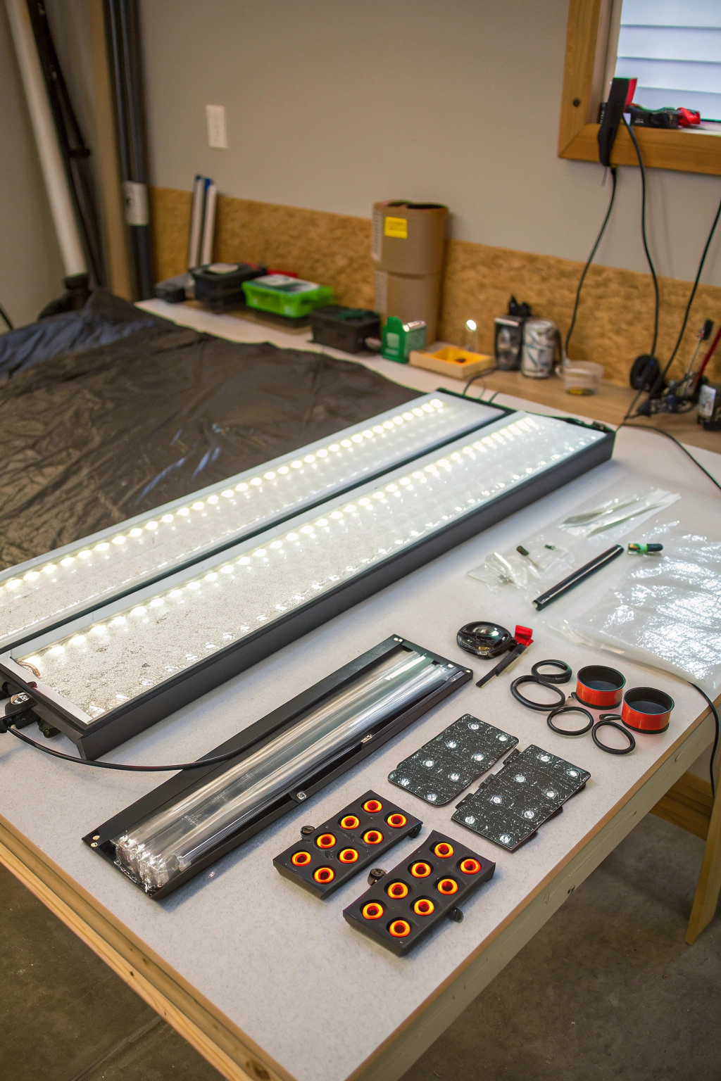 Variety of materials for DIY grow lights and season extenders including LED strips, PVC pipes, plastic sheeting, and hand tools.
