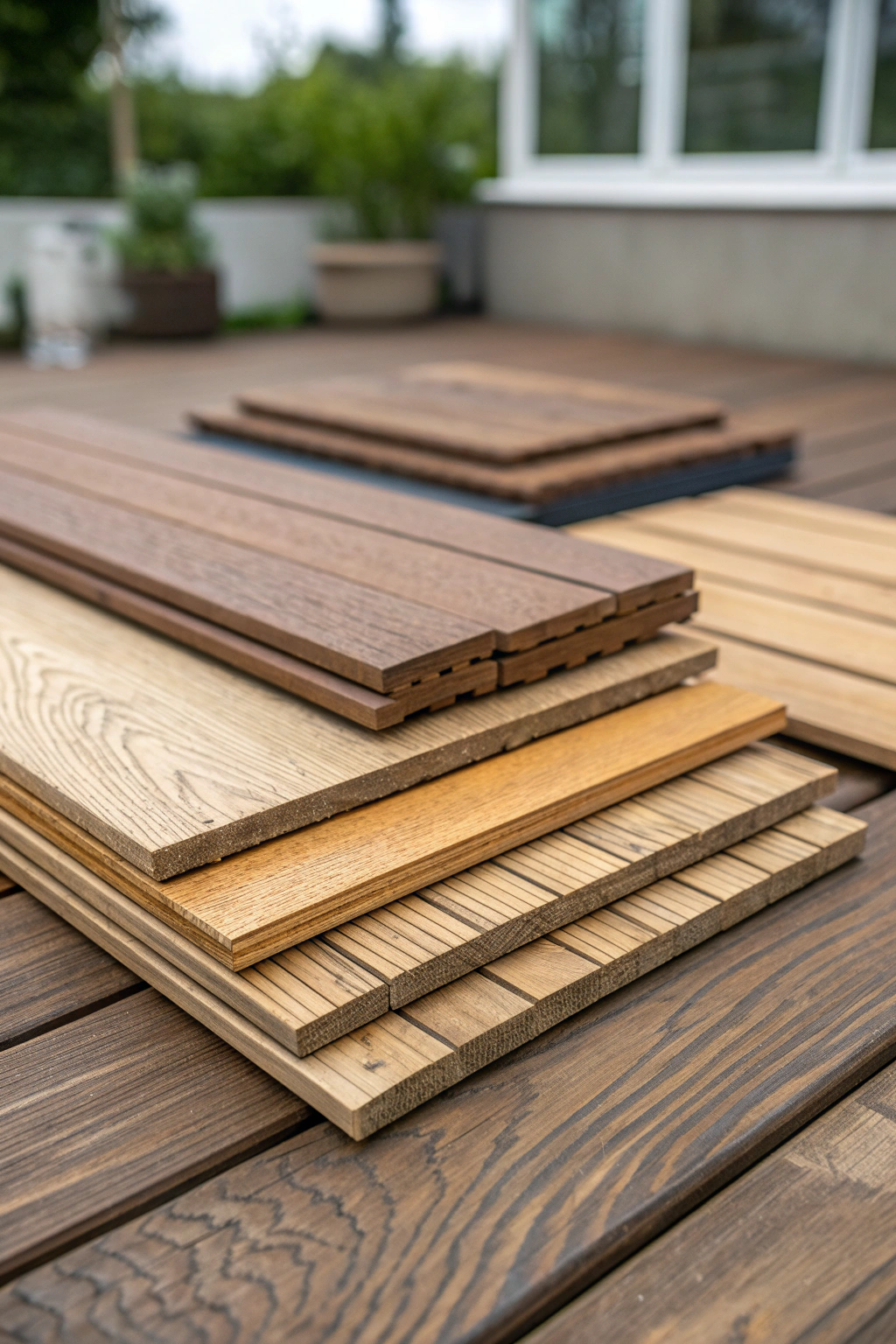 Composite decking planks and various hand tools arranged neatly on a work surface, ready for an outdoor project.