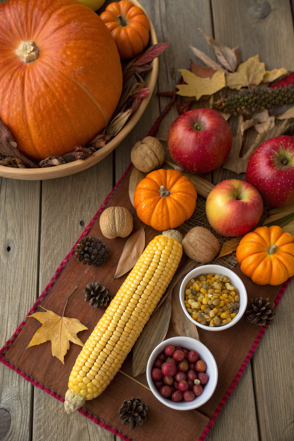 Variety of autumn edible plants and gardening tools spread on a rustic wooden table, ready for planting, showcasing vibrant greens, deep purples, and earthy tones.