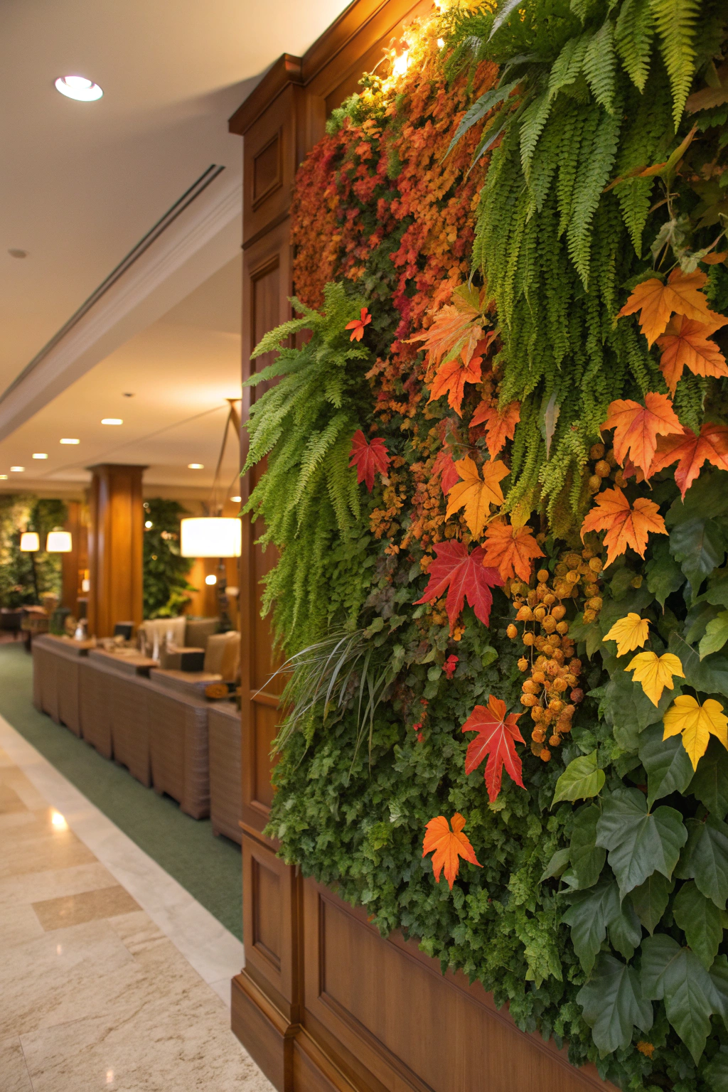 Autumn Living Wall Garden Decor materials: modular planters, soil, trowel, autumn plants, decorative gourds