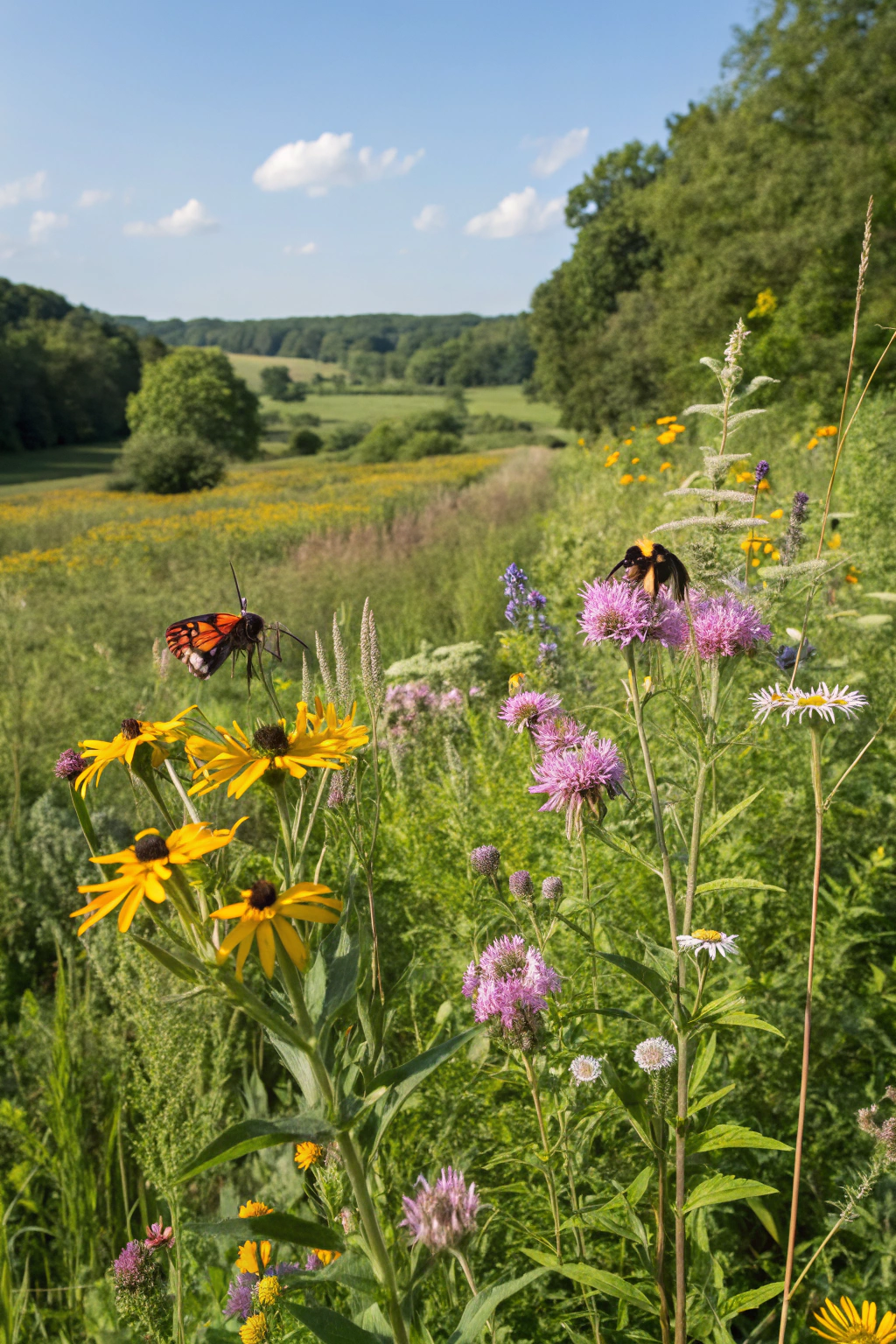 Vibrant wildflower meadow with bees and butterflies