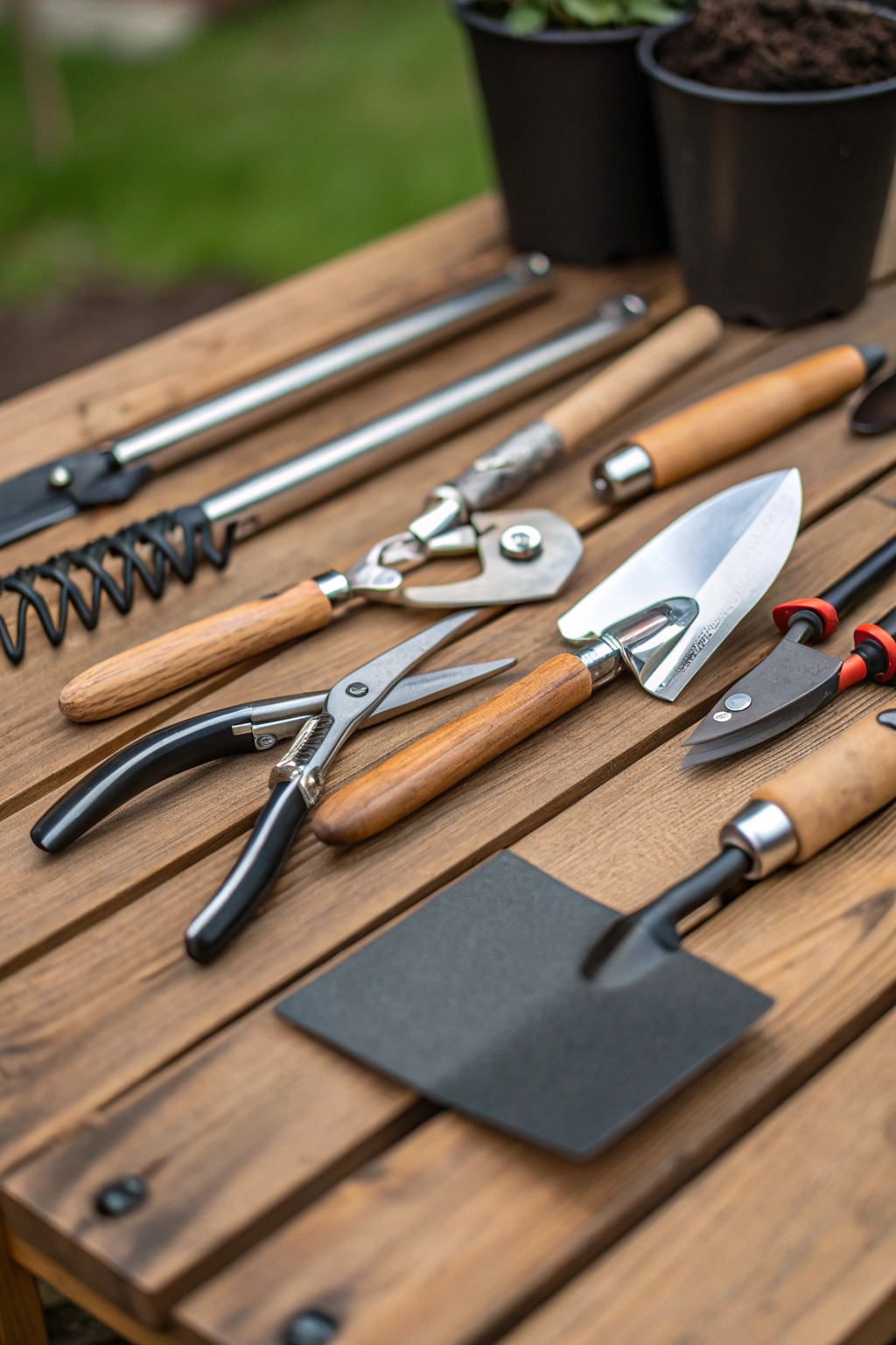 Assortment of high-quality precision garden tools including pruners, trowel, dibber, and gloves on a wooden surface.