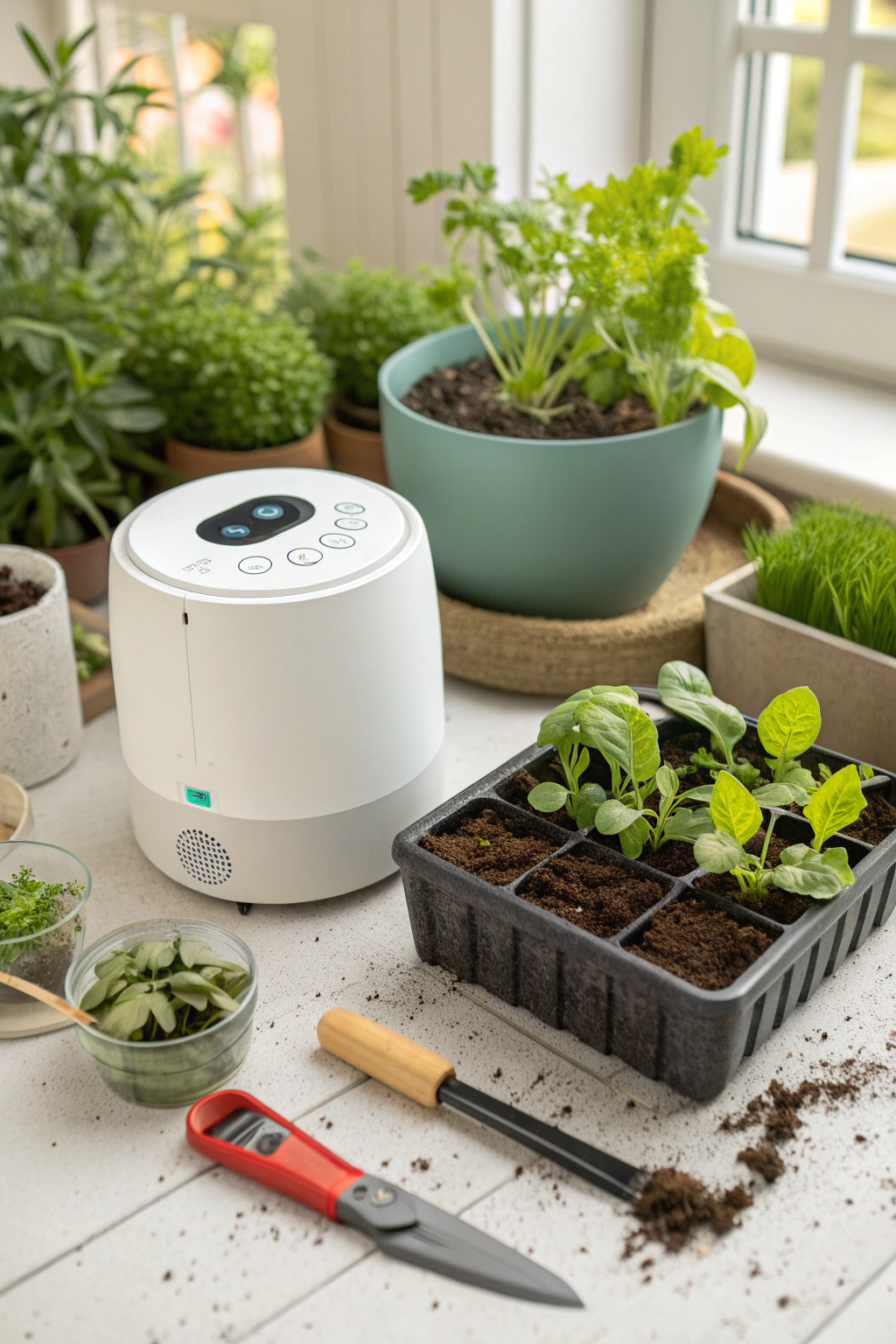 A collection of smart gardening tools including a smart sprinkler controller, soil moisture sensors, and a smart plant pot.