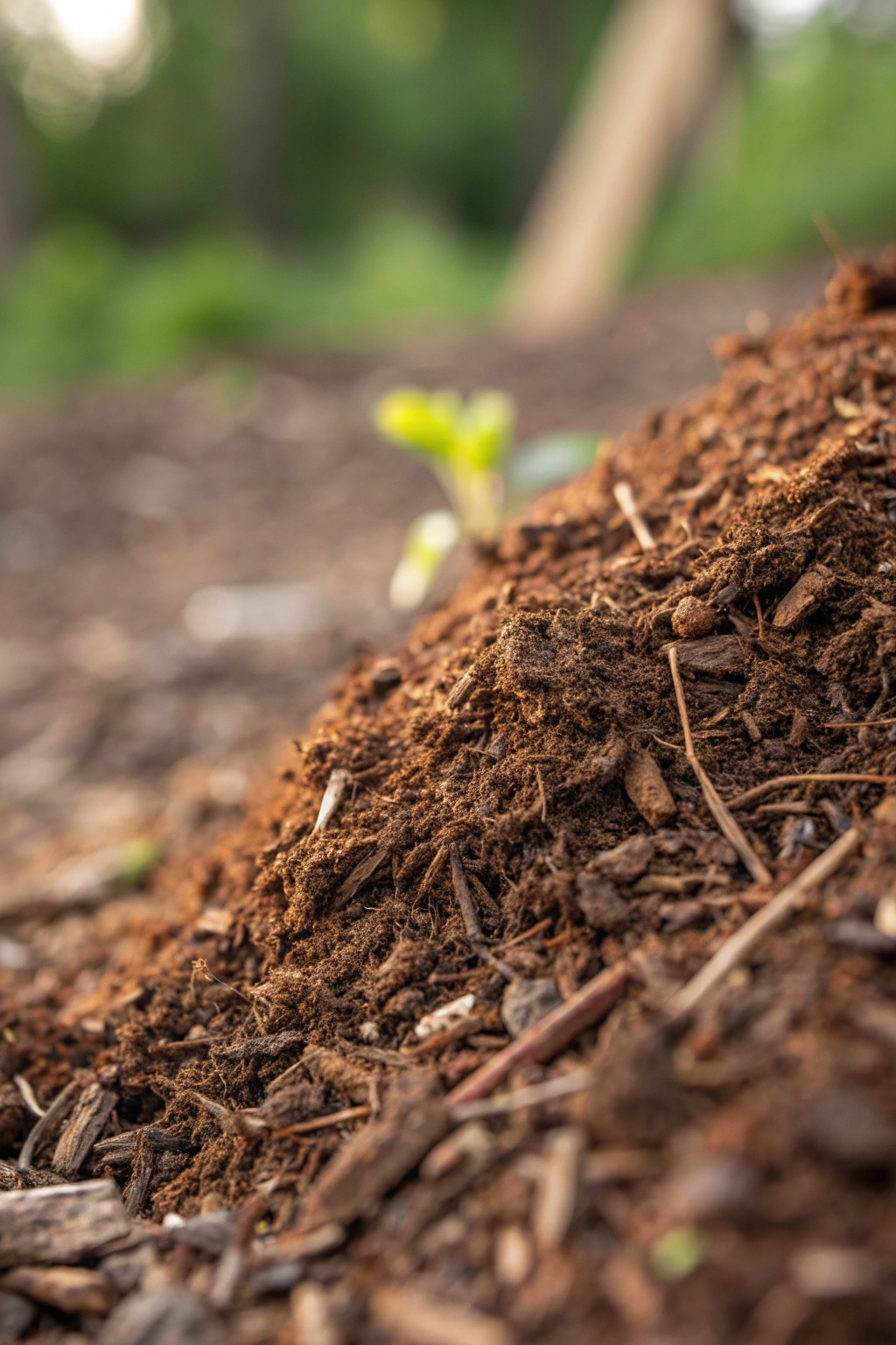 Variety of gardening materials, including plants with interesting textures, gardening gloves, trowel, and soil amendment bags.