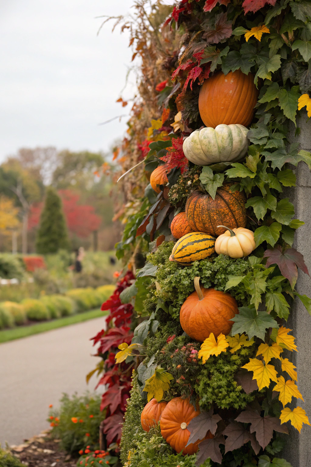 A collection of gardening tools, small terracotta pots, rich potting soil, various autumn plants like pansies and ornamental cabbage, and a vertical garden frame, all arranged on a rustic wooden table, ready for a vertical autumn gardening project.
