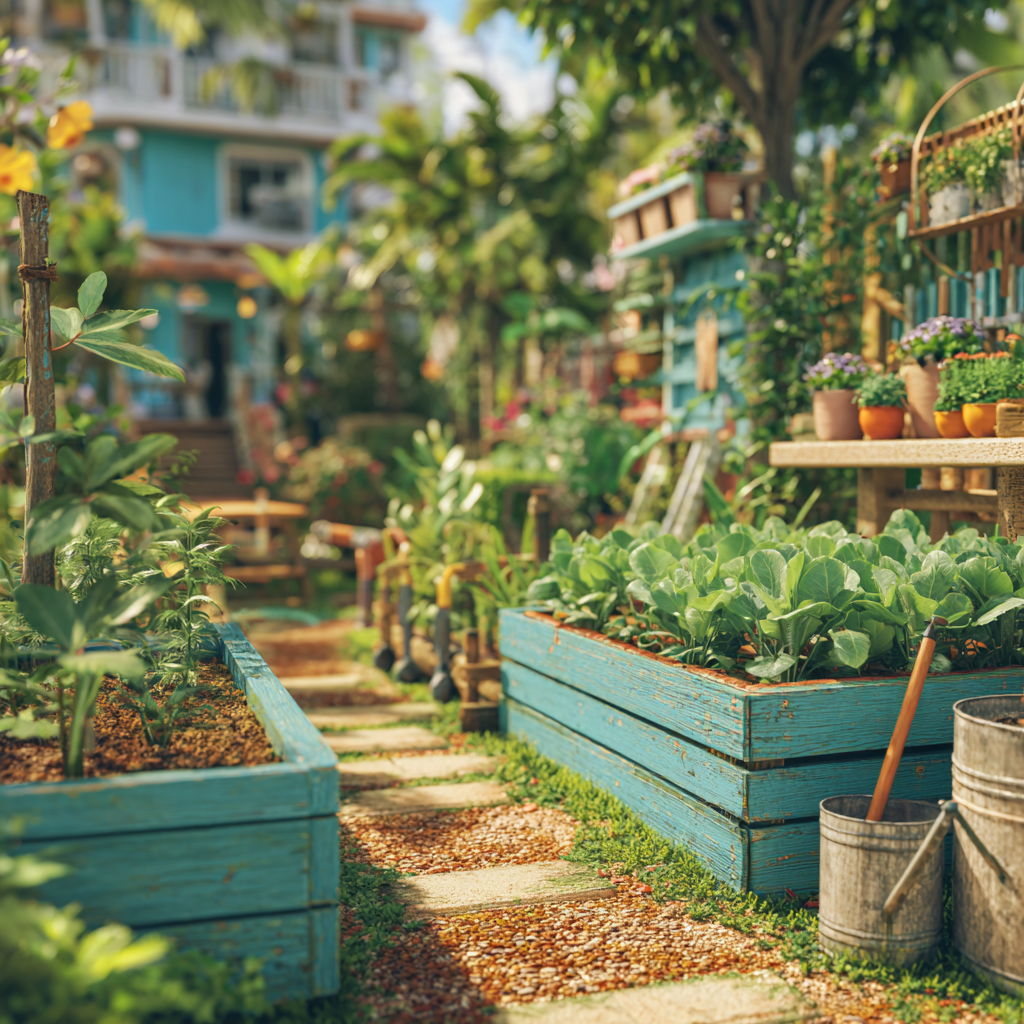 Backyard garden with raised beds, green plants, and DIY gardening tools on a sunny day.