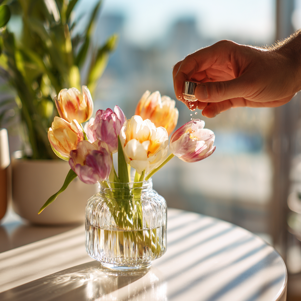 Person adding vodka drops into a glass vase with tulips to keep the flowers upright.