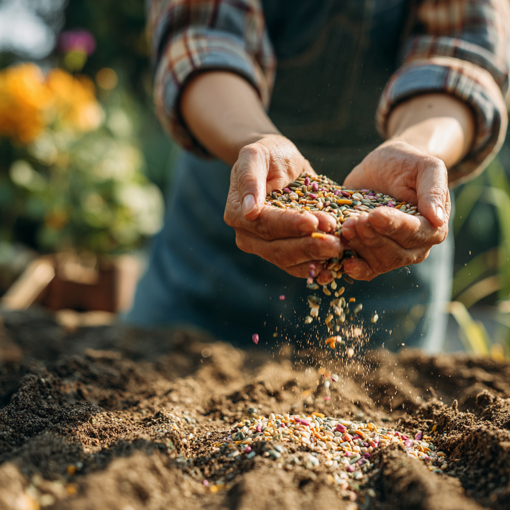 Female gardener’s hands scattering seeds for chaos gardening over raked soil