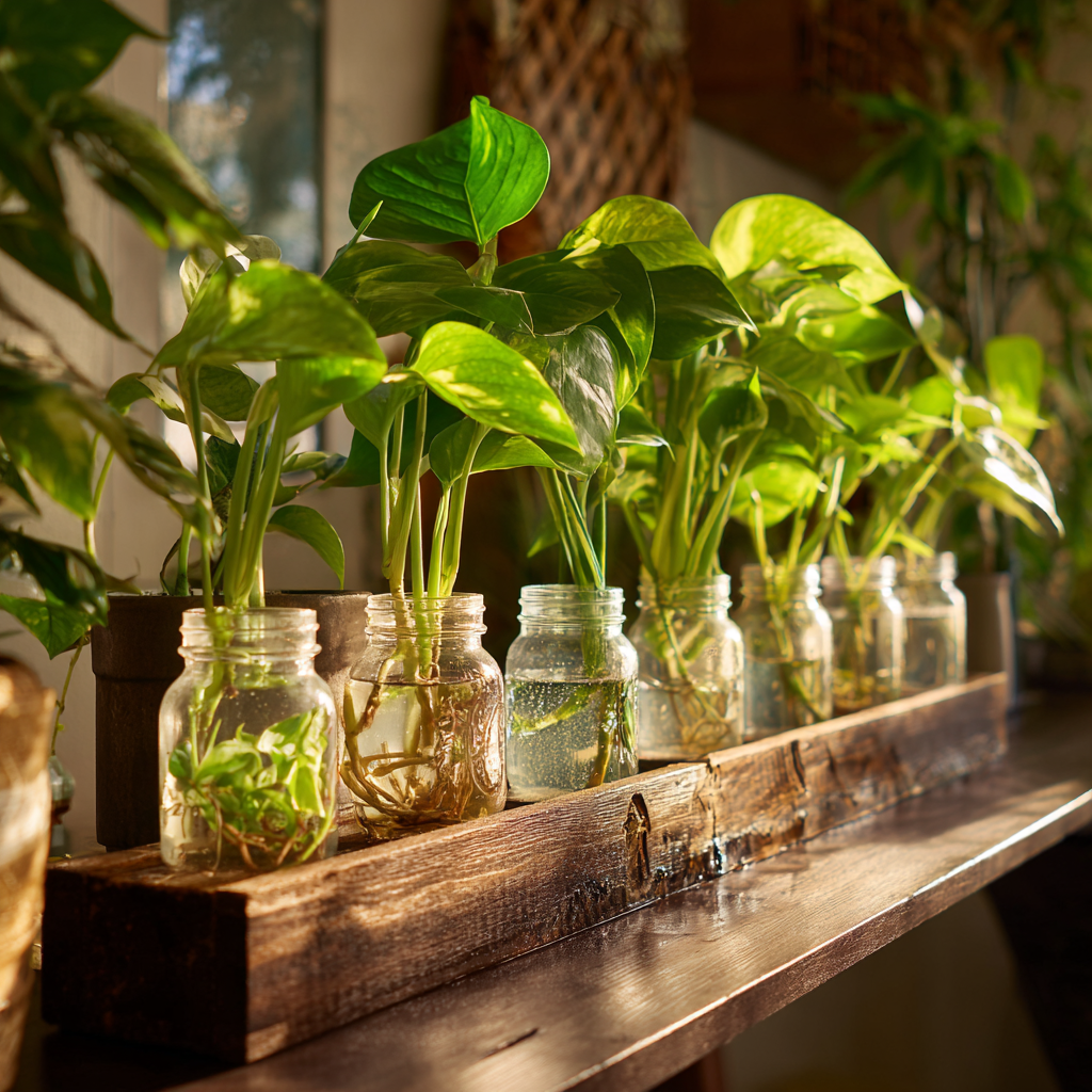 Indoor propagation wall with glass jars and pothos cuttings rooting in water near a sunny window.
