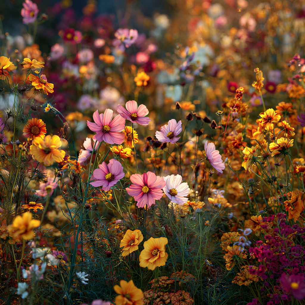 Chaos gardening wildflower bed in soft morning light with pollinators
