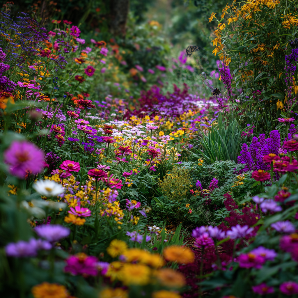 Colorful summer blooms and butterflies from chaos gardening in full growth
