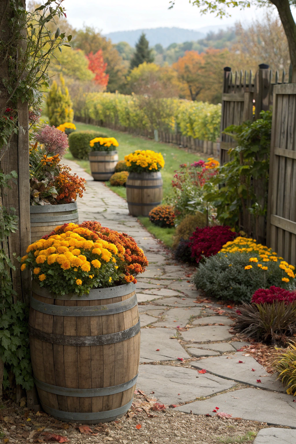 autumn, flower, barrels, placed, garden — step-by-step tutorial and detailed guide