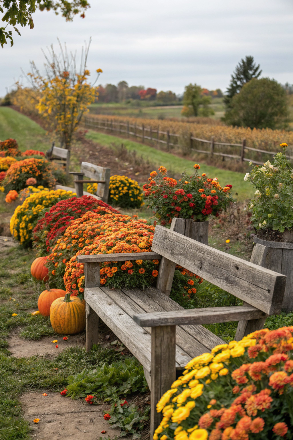 rustic, benches, surrounded, october, flowers — step-by-step tutorial and detailed guide