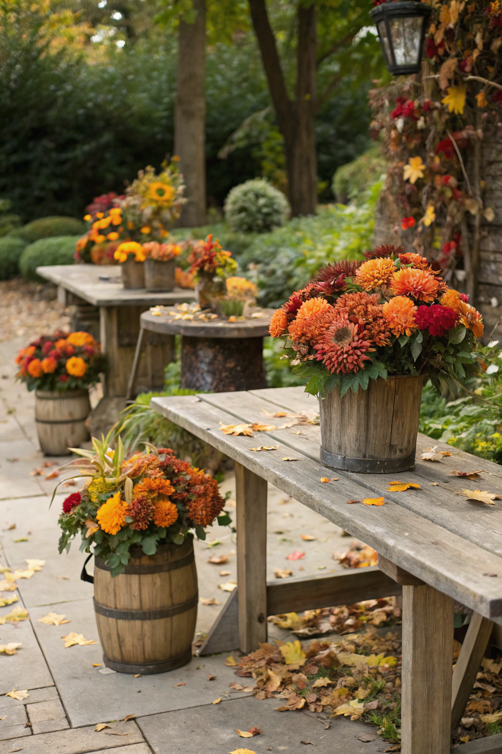tables de jardin rustiques avec étalages floraux d'automne — tutoriel détaillé et guide pas à pas