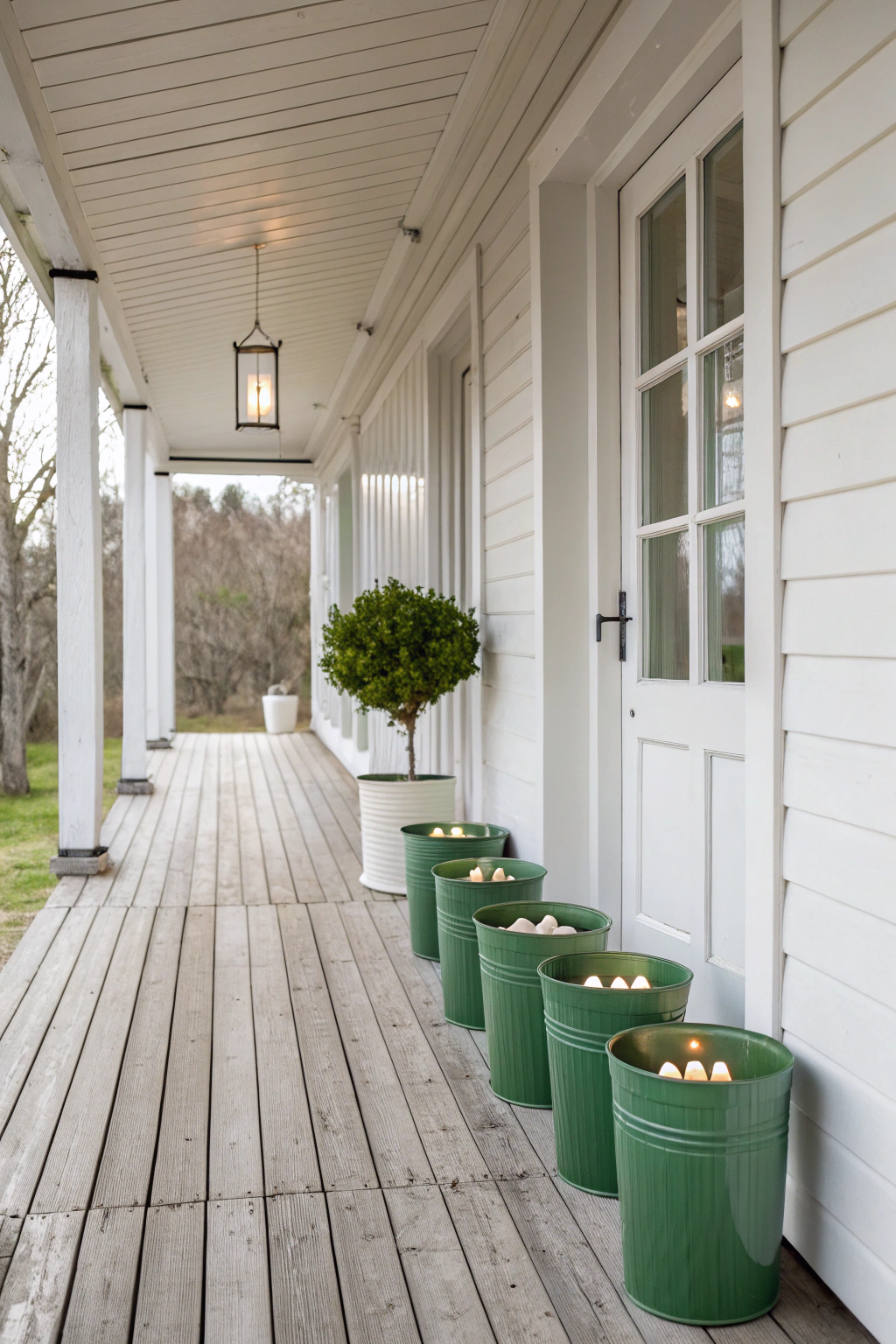 8 Minimalist Scandinavian Porch Ideas with Green Candle Buckets